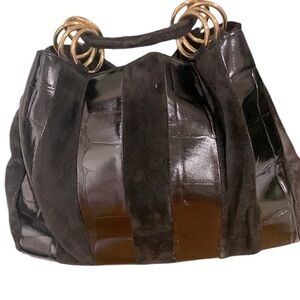 LA Covina black genuine leather suede bucket bag adjustable strap gold hardware